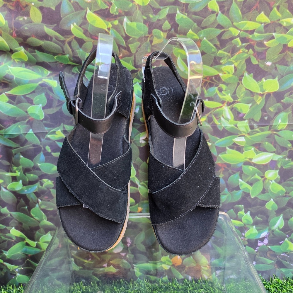 UGG Aubrey Platform Sandals Womens Size 8 Black Suede Braided Flatform 1167471